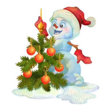 Simple scene with smiling snowman decorating small Christmas tree. Isolated joyful child character. Good mood concept. Winter festive clipart for cards, posters, banners, holiday design and printingの写真素材