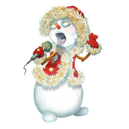 Simple snowman scene. Isolated cute snowman character in warm red waistcoat, hat and mittens singing inspired. Funny festive winter clipart for cards, posters, banners, holiday design and printingの写真素材