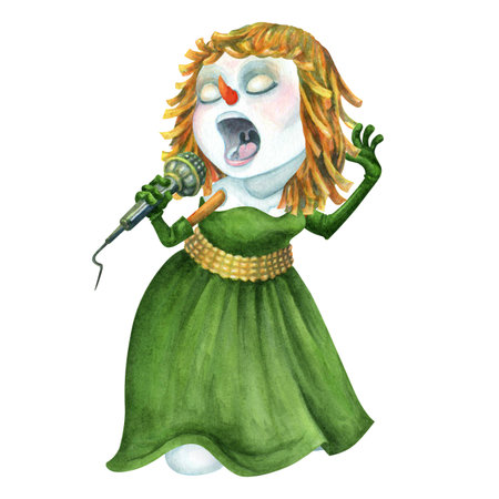 Christmas snowman character. Watercolor isolated illustration of gorgeous diva snowman singer in long green dress, gloves and a tinsel wig performing. Winter Festive clipart for holiday design.の写真素材