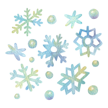 Set of simple watercolor snowflakes. Isolated hand drawn blue snowflake shaped objects for frame or background winter design. Graphic elements for textile or paper pattern creating, sticker decorationの写真素材