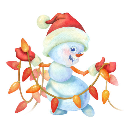Cute Christmas snowman with a garland in hands. Isolated funny toddler snowman in Santa hat. Winter watercolor illustration. Festive clipart for postcards, scrapbooking, holiday design.の写真素材