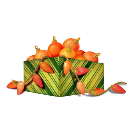 Opened yellow and green stripped box with red and orange Christmas tree balls and garlands. Storing Christmas tree decorations. Isolated watercolor clipart for holiday prints, card or banner designsの写真素材