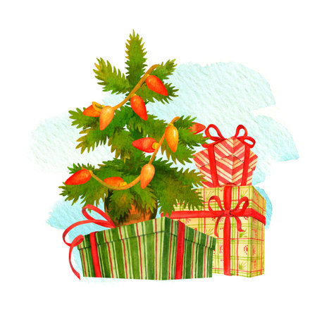 Christmas scene. Festive composition with fir and colorful gifts with ribbons and bows on isolated watercolor brush stroke background. Hand drawn illustration for winter holidays prints and designsの写真素材