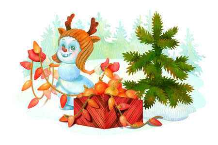Christmas composition with funny snowman sorting out box of Christmas decorations next to green fir. Child cartoon character on winter conifer forest background for card, poster, stickerの写真素材