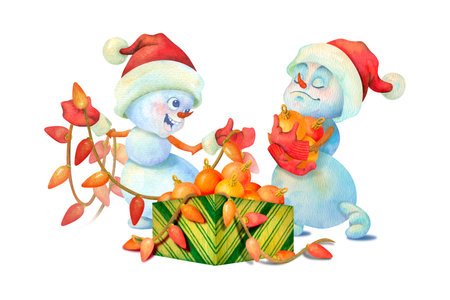 Isolated snowmen scene with funny toddler winter characters sorting out a box of Christmas decorations. Watercolor illustration. Festive clipart for postcards, scrapbooking, holiday design.の写真素材