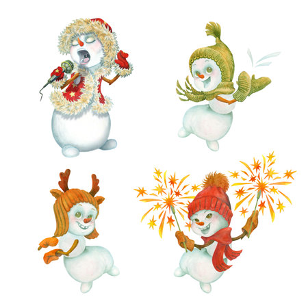 Funny snowmen. Watercolor set of cartoon dancing and singing snowmen isolated on white background for design of winter holiday cards and posters, kids magazine illustration, t-shirts or bags printsの写真素材