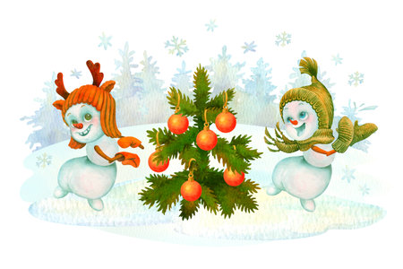 Cute snowmen dancing at the Christmas tree on winter conifer forest backdrop surrounded by snowflakes. Hand-drawn child characters celebrating Christmas or New Year. Watercolor illustration for designの写真素材