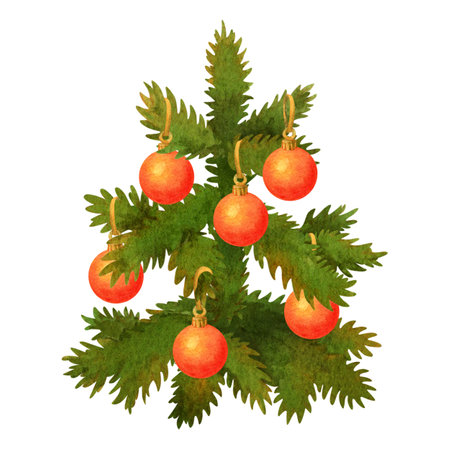 Isolated watercolor cartoon fir or spruce decorated with Christmas balls. Hand drawn green conifer tree for winter holiday banner, card, pattern or ornament for season background or scenery creating.の写真素材