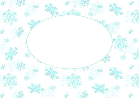 Horizontal background of snowflakes with white oval for text. Simple pattern with hand-drawn falling watercolor snowflakes shapes. Winter template for covers, postcards, posters, etc.の写真素材