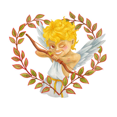Mischievous Cherub in a heart-shaped leaves frame aims an arrow from a bow at the viewer. Laughing watercolor character. Isolated angel. Winged Cupid for Valentine's Day design and holiday printの写真素材