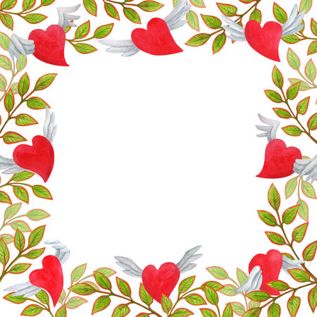 Square frame of red hearts with wings and twigs with leaves. Isolated romantic background with empty place for text for valentines day cards or posters design. Hand drawn watercolor templateの写真素材