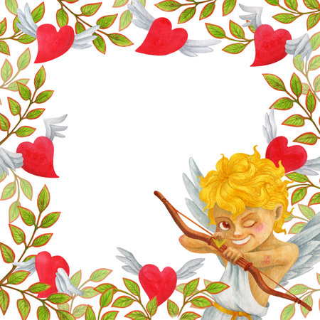 Square frame of red hearts with wings, branches with leaves and laughing Cupid directing an arrow from a bow at the viewer. Romantic background with empty space for text for Valentine's Day designの写真素材