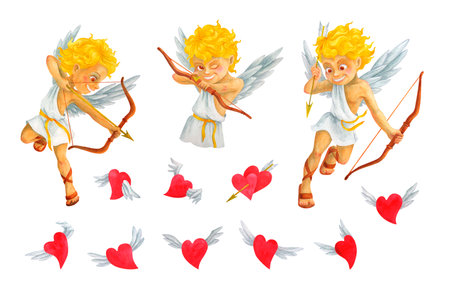 Cherub Cupid angel of love shooting an arrow from bow and flying hearts. Set of isolated symbols of love, marriage or Valentine's day. Watercolor characters for wedding, anniversary, scrapbookingの写真素材