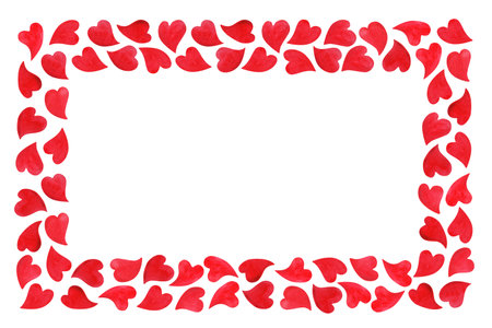 Frame with red hearts of different silhouettes. Watercolor romantic background template with empty space for text in center. Simple rectangular horizontal border illustration for card, poster, bannerの写真素材