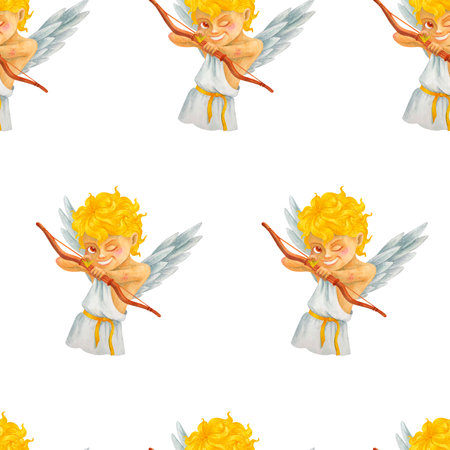 Cartoon seamless pattern with mischievous laughing boy Cupid directs an arrow from a bow at the viewer. Creative romantic watercolor illustration for fabrics, packaging, textiles, wallpaper, clothing.の写真素材