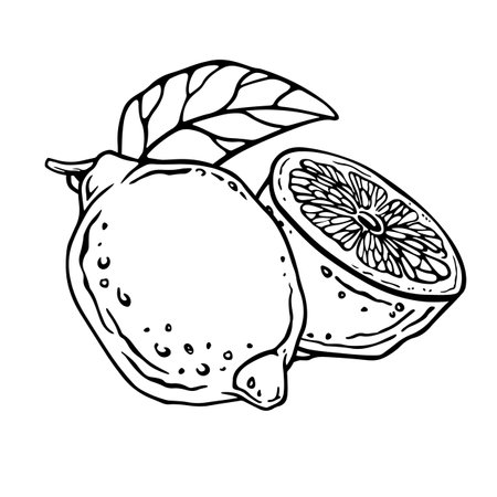 Lemon. Black and white ink graphic composition with whole fruit and half. Hand drawn vector illustration of citrus for juice label or kitchen design. Drawing of cut lime fruit in linear style.のイラスト素材