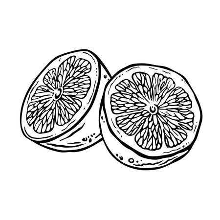 Lemon or lime halves drawn with free hand in ink. Isolated outline drawing of citrus fruit in engraving style for packaging design, menu, textile, cosmetics. Hand drawn sketch citron illustrationのイラスト素材