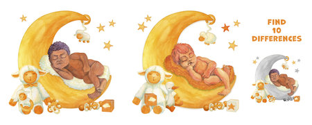 Find the differences puzzle game. Babies sleeping on the moon. Watercolor composition of sweet infant and soft toys. Hand drawn Educational game for kids. Attention task for school readinessの写真素材
