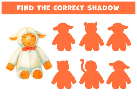 Find the correct shadow of watercolor sleeping lamb. Choosing of correct answer. Educational attention game for children. Hand drawn plush toy for children's bedroom in educational matching game cardsの写真素材