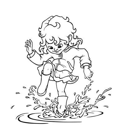 Coloring page with child girl in rubber boots jumping, splashing and stomping joyfully in puddle after the rain in spring, summer or autumn. Happy childhood concept. Hand drawn outline illustrationのイラスト素材
