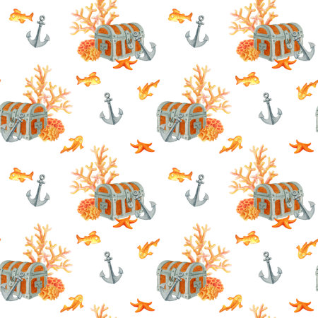 Sunken pirate treasure. Closed old chests on the ocean floor among fish, anchors and corals. Simple watercolor seamless pattern on white background for children textiles or wallpaper in marine styleの写真素材