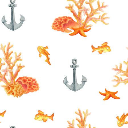 Watercolor seamless pattern with underwater world, fish, anchors, seashells, starfish and corals on white background. Life in the ocean. Simple design for summer fabric or wallpaper in marine styleの写真素材