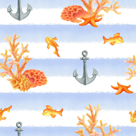 Underwater world. Watercolor seamless pattern with fish, anchors, seashells, starfish and corals on blue and white striped background. Simple design for summer fabric or wallpaper in marine styleの写真素材