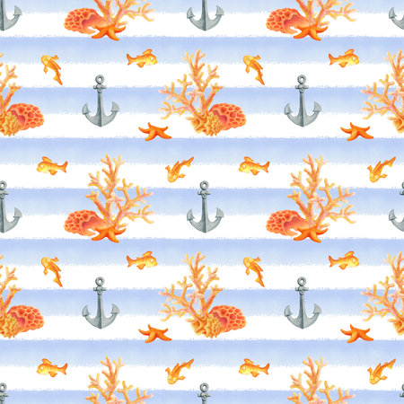 Underwater world. Watercolor seamless pattern with fish, anchors, seashells, starfish and corals on blue and white striped background. Simple design for summer fabric or wallpaper in marine styleの写真素材
