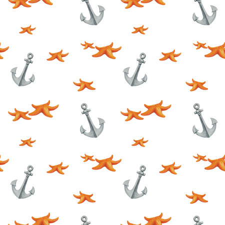 Minimalistic pattern of anchors and starfish on white background. Primitive watercolor ornament for summer prints and designs in marine style. Hand drawn print for children textiles or baby beddingの写真素材