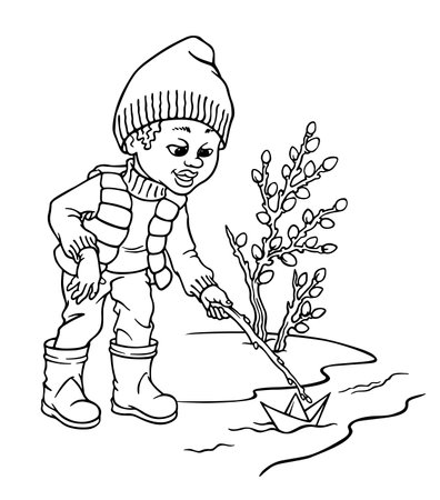 A boy in rainboots launches paper boat in stream with melting snow against the blossoming willow branch. Signs of spring. Hand-drawn outline illustration for coloring book, postcard graphic designsのイラスト素材