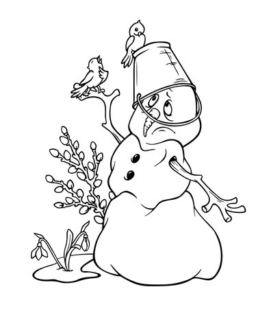 A melting snowman with a bucket on his head sadly looks at a singing bird sitting on his hand. The first days of spring. Hand drawn black and white outline illustration for a coloring book or postcardのイラスト素材