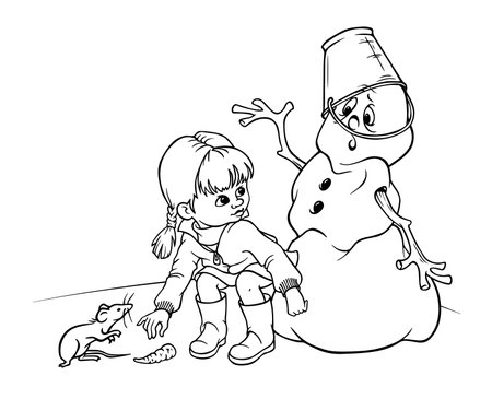 A little girl squatted down to pick up the carrot nose of a melting snowman with a bucket on his head, who sadly watched as a mouse was about to eat his nose. Outline composition for a coloring bookのイラスト素材