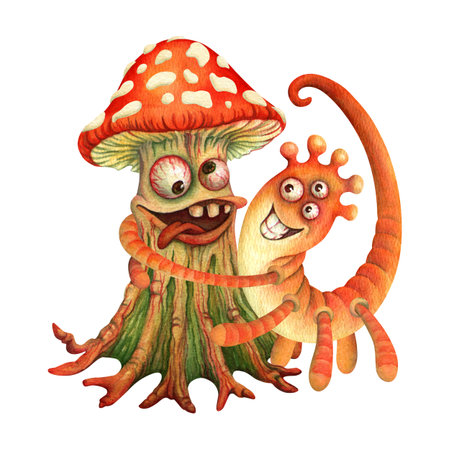 Friendly monsters hugging. Isolated watercolor composition with funny tailed, three-eyed monster squeezing in hands fly agaric mushroom for t-shirt design, card, sticker or kids room decoratingの写真素材