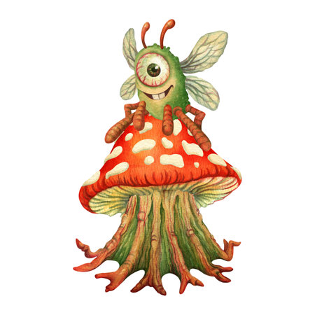 A cute one-eyed monster with fly wings and legs in the shape of red earthworms sits on a fly agaric cap and smiles at the viewer. Watercolor illustration for postcard, stickersの写真素材