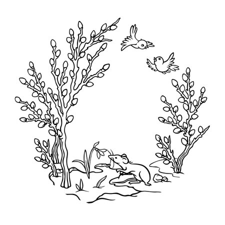 Round frame with spring landscape with space for text in the center. Border with flowering willow bushes, birds, mouse and snowdrop on thawed patch for postcard, cover and other seasonal designのイラスト素材
