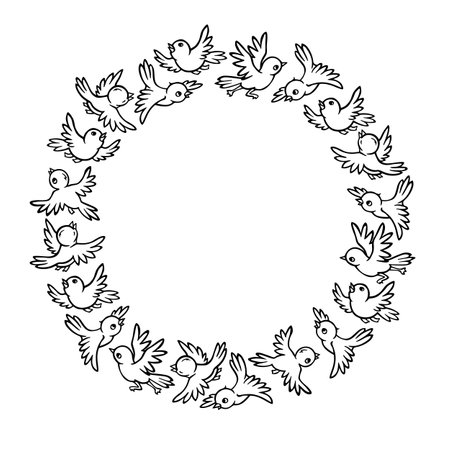 Round frame of small cartoon birds sparrows or titmouses flying in different directions. Black and white outline illustration with space for text in the center for postcard, cover or print designのイラスト素材