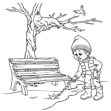 A boy with a branch in his hand launching a paper boat in a puddle or stream with melting snow against a wooden park bench under bare deciduous tree. Hand drawn outline illustration for coloringのイラスト素材