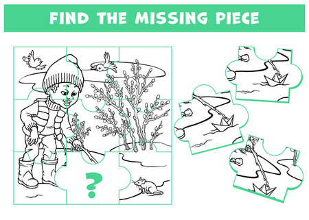 Logic game for children and adults with boy launching paper boat in stream. Page for kids brain teaser book. Task for attentiveness. Developing spatial thinking. Outline vector spring sceneryのイラスト素材