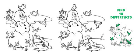 Spot 10 differences in spring scene with melting snowman rejoices at the arrival of spring and the primroses, together with birds flying and singing near him. Outline printable worksheet or coloringのイラスト素材