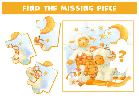 Find piece of puzzle that fell out of picture with sleeping toys. Printable page for kids brain teaser book with lamb, rocking sheep and gosling. Educational game on developing spatial thinkingの写真素材