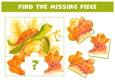 Board game for developing spatial thinking. Attention task with sea turtle, corals, algae. Find the missing piece of Seabed composition. Underwater world educational puzzle game for school readinessの写真素材