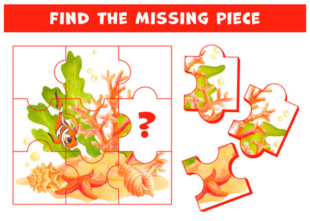 Find the missing piece of Underwater world picture. Printable puzzle page for kids with hand drawn clown fish, starfish, shells, coral and seaweed. Educational game for developing spatial thinkingの写真素材