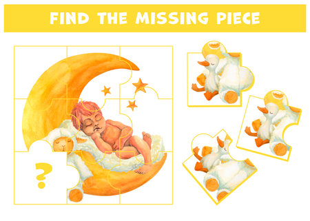 Find the missing piece of a picture with cute baby sleeping on the moon. Sweet dreams puzzle game. Choose correct element of watercolor composition of infant boy, lamb and duckling toysの写真素材