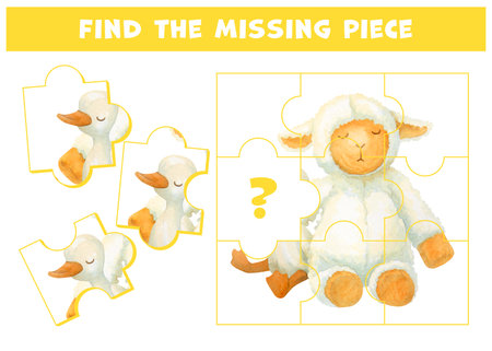 Find the missing puzzle piece. Finish the picture with fluffy lamb and soft duckling or gosling. Task for attentiveness with plush toys sitting alongside and hugging. Developing spatial thinking gameの写真素材