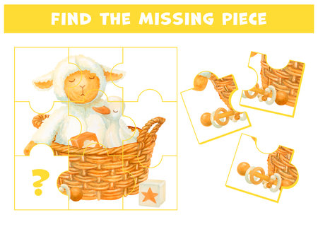 Finish image of plush toys sleep sitting in wicker basket. Matching puzzle game with fluffy lamb and soft duckling or gosling. Attention task for school readiness. Page for kids brain teaser bookの写真素材