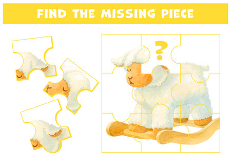 Find missing puzzle piece of Rocking toy sleeping lamb. Choose correct element. Page for kids brain teaser book. Task for attentiveness developing spatial thinking with watercolor image of plush toyの写真素材