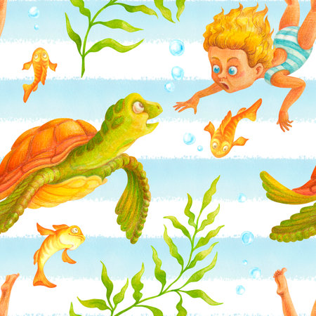 Repeating rapport of seamless pattern with diving cartoon child girl and sea turtle. Summer print with algae, fish and bubbles on striped white and blue background for bedding, fabric, paper, textileの写真素材