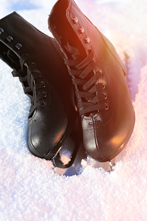 black figure skates lying in the snow and the bright sun. leather, blade, cover, glareの写真素材