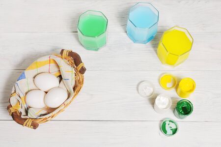 Close up of colorful Easter eggs in a basket. brush, paintの写真素材