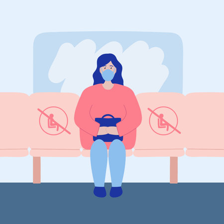 Social distance. Masked woman on public transport. Protection from infection. Metro, bus, tram, train. Blue, pink.のイラスト素材